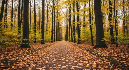 Autumn leaves cover path through forest with tall trees in the fall