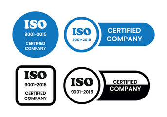 ISO 9001-2015 Certified Company Stamp. Quality Assurance and Compliance Certification Logo for Business and Manufacturing. ISO 9001-2015 Certified Company badge, flat vector, isolated illustration.