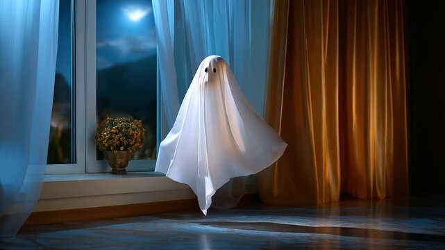 Faceless Halloween ghost hovering near a window with moonlight streaming through sheer curtains, dreamy atmosphere and soft focus, with copy space.