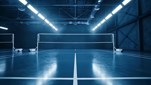 Modern Indoor Badminton Court Rendered In Dark Blue Lighting and Industrial Architecture