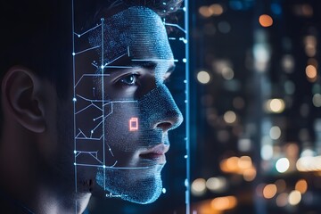 man using facial recognition AI interface for access, digital security context
