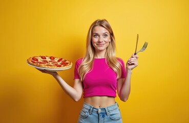 Young woman with pizza and cutlery. She wears pink crop top and jeans. Blonde hair, blue eyes, smiling. Bright yellow background. Ready to eat delicious food.
