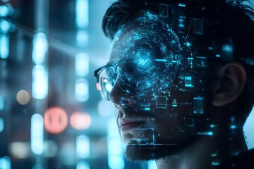 man using facial recognition AI interface for access, digital security context
