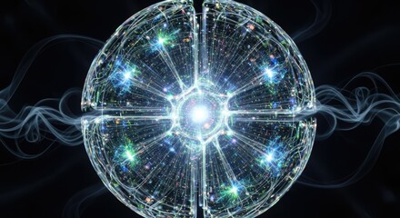 Glowing sphere with intricate network and smoke on a dark background