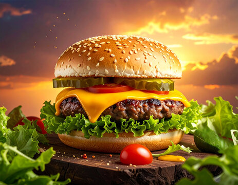 Double Burger with cheese melted and salads with tomato