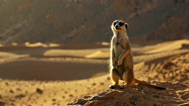 Seemingly alert meerkat standing upright on a sunlit desert dune in the golden hour