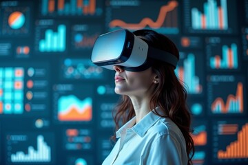 Analyst Woman Immersed in Virtual Reality Data Visualization Environment
