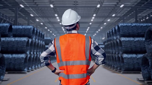 Back View Of A Male Engineer Wearing Safety Helmet Looking Around While Standing With Arms Akimbo with Stacks of Huge Metal Wire Coils