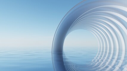 3d illustration of abstract minimal Geometry background, Circular geometric shape with glass design on water surface, Product presentation backdrop
