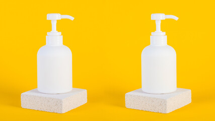 White pump product bottle with stylish props on yellow background