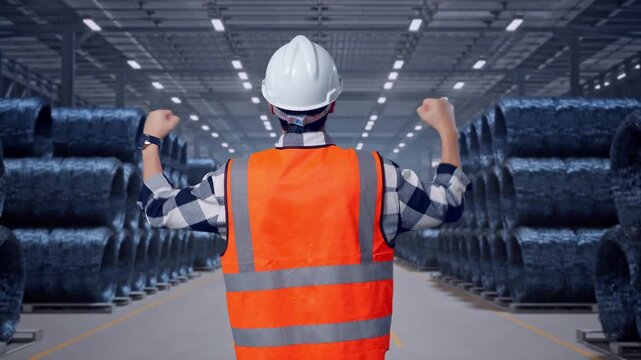 Back View Of A Male Engineer With Safety Helmet Raising His Hands Celebrating While Working with Stacks of Huge Metal Wire Coils