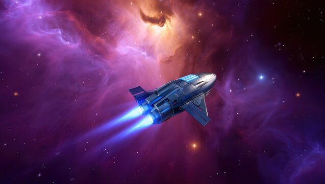 Futuristic spaceship traveling through a colorful nebula in deep space - Powered by Adobe