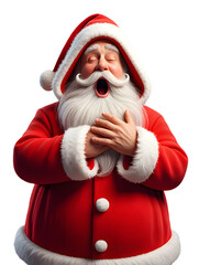 A santa claus with a white beard and red suit singing with his mouth open and eyes closed in a cheerful mood