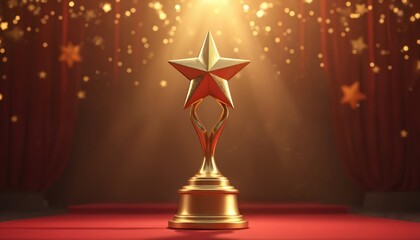 Golden star trophy stands on red carpet stage. Bright spotlight illuminates shining gold award. Red velvet curtains, sparkling bokeh lights decorate grand background. Success, win, achievement,