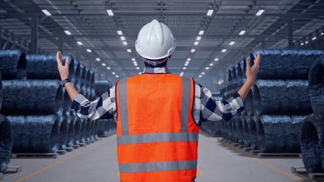 Back View Of A Male Engineer With Safety Helmet Spreading Arms While Standing with Stacks of Huge Metal Wire Coils