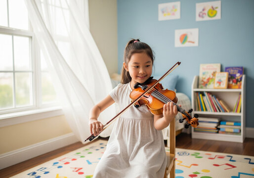 Young Asian Girl Practicing Violin in Cozy Bedroom with Natural Light