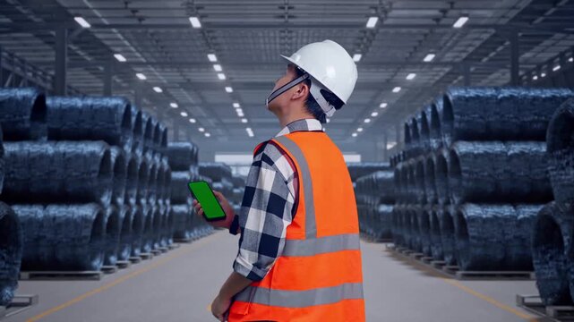 Back View Of Asian Male Engineer With Safety Helmet Working On A Green Screen Smartphone And Looking Around While Standing with Stacks of Huge Metal Wire Coils