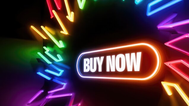 Glowing Neon Buy Now Button with Rainbow Arrows light