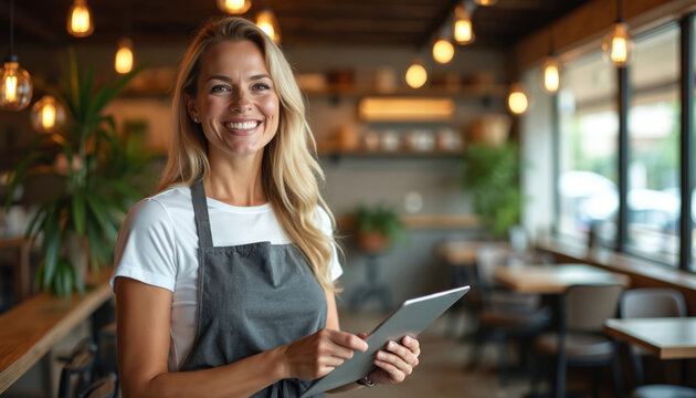 Smiling restaurant owner holds tablet computer. Woman checks orders, manages tables, plans staff shifts. Businesswoman in apron runs local eatery, oversees cafe operations with efficiency, confidence.