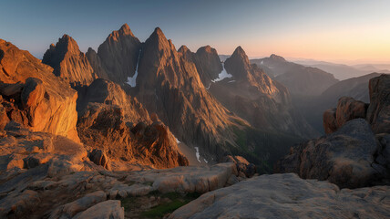 Obraz premium Jagged mountain peaks illuminated by the golden light of sunrise or sunset