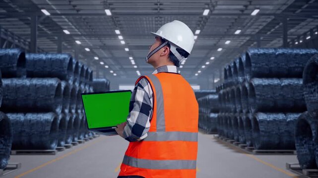 Back View Of Asian Male Engineer With Safety Helmet Working On A Green Screen Laptop And Looking Around While Standing with Stacks of Huge Metal Wire Coils