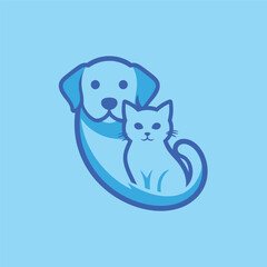 Cute Dog and Cat Cartoon Logo in Two Blue Tones