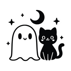 Cute Ghost and Black Cat Funny Halloween Vector Illustration