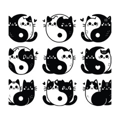 Set of Yin Yang Cats – Cute Black and White Kawaii Cat Illustrations