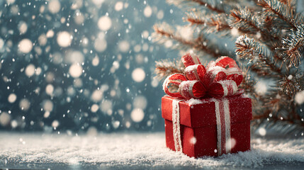 Red christmas gift box wrapped with ribbon in falling snow beside a festive tree