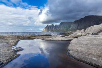 Scenic view over the colorful Ersfjord in Skaland on Senja, Norway
