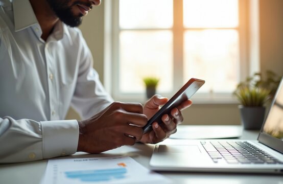 Man in white shirt uses smartphone at office desk. Laptop and financial charts on table. Man types on cell, checks phone data, works indoors. Office worker with mobile.