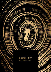 Luxury template with wood stump imprint. Texture of tree annual rings. Gold and black background with wood grain, concentric circles