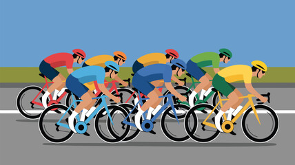 Fototapeta premium Group of competitive road cyclists racing along a flat road set against a solid blue background for advertisement.