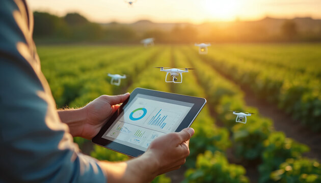 Person holds digital tablet displaying data, controlling multiple agri drones flying over vibrant green farm field at golden hour. Smart farming tech monitors crop health, automates tasks for future