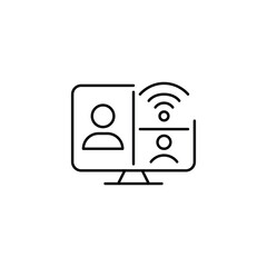 Video conference, online call on laptop and wifi. Virtual collaboration, remote meeting and work. Pixel perfect, editable stroke vector icon