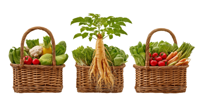 Three wicker baskets filled with assorted vegetables and ginseng root on a black background