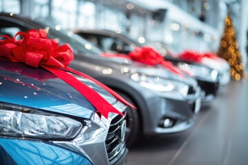 Obraz premium Blue car with a big red bow on the hood is on the foreground. Blurred auto dealership background. Expensive gift, new car as a gift, gift car surprise. Banner Copy space for text, logo, brand or promo