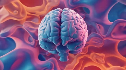 A vibrant 3D rendering of a stylized human brain with swirling, abstract forms in the background - Powered by Adobe