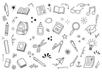 Hand-drawn School Doodle Set – Cute Education Supplies Icons on Transparent Background