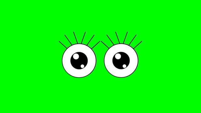 Cute cartoon eyes with long eyelashes on green screen background.