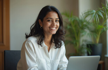 Smiling Indian woman works on laptop at desk with houseplant. She looks at camera, happy and confident. Young pro woman uses computer for remote job or online learning.