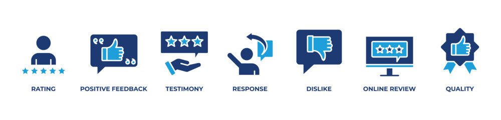 Quality in Focus Icons set vector illustration blue with Rating, Positive feedback, Testimony, Response, Dislike, Online review, Quality