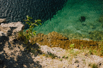 Sunlight illuminating bottom of pristine body of water near rocky shore, creating mesmerizing play of light and shadow, with plants adding touch of nature to tranquil scene. Water near rocky shore