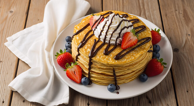 A delicious stack of golden pancakes topped with whipped cream, chocolate syrup, fresh strawberries, and blueberries, presented on a white plate against a rustic wooden background.