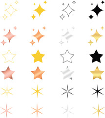 Star icon set in Gold, Silver, Black and Yellow &ndash; Shiny Decorative Sparkle and Glow Vector Collection