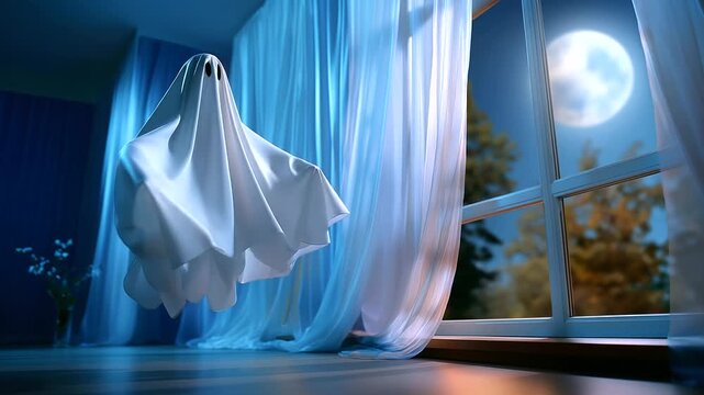 Faceless Halloween ghost hovering near a window with moonlight streaming through sheer curtains, dreamy atmosphere and soft focus, with copy space.
