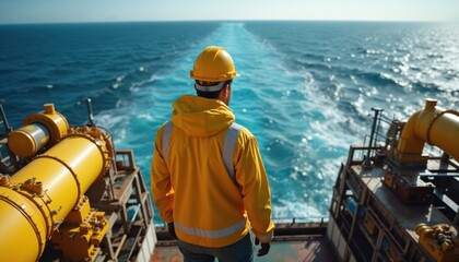Man in yellow uniform standing on a ship deck looking at the open sea. He wears a yellow helmet and a jacket. The photo shows industrial machines and ocean waves.