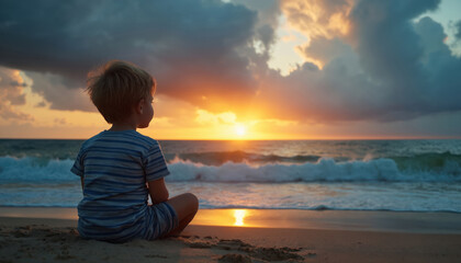 Young boy sits on sandy beach watching ocean waves at sunset. Child in striped shirt enjoys golden hour light and calm sea view. Peaceful scene of childhood contemplation by the water.