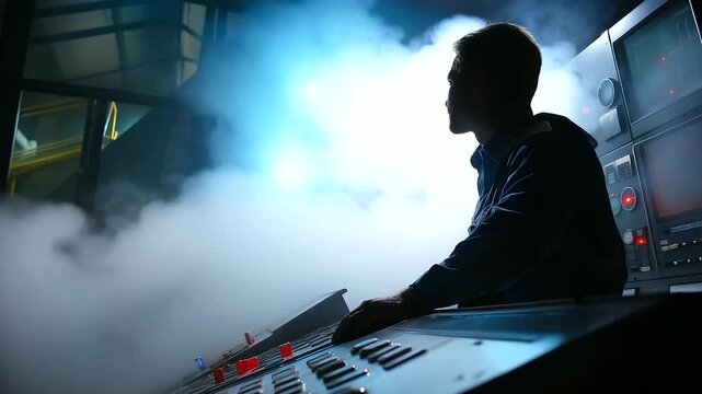 Faceless operator silhouette visible through semi-transparent mist of wet filtration process, glowing control panels in background, with copy space.