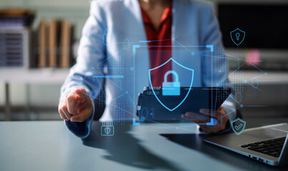 Woman holding smartphone with holographic lock and data network graphics. Concept of cybersecurity,...